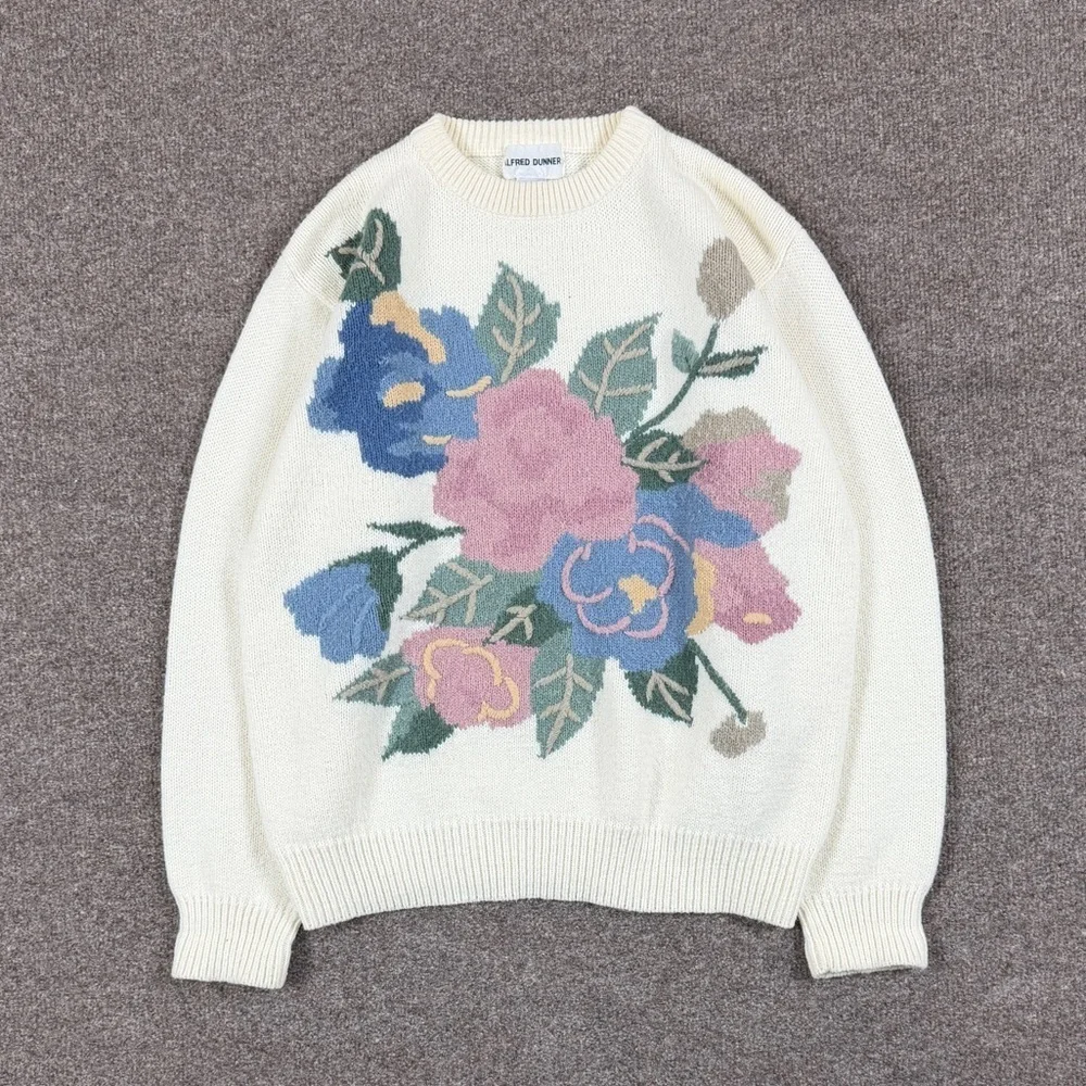 Vintage Ivory Crewneck Pullover Sweater Women’s M Pastel‎ Florals 90s Grannycore